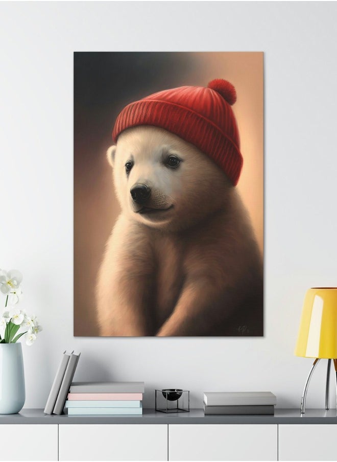Generic - Polar Bear Nursery Wall Art, Little Bear Nursery Decor, Baby Animal Nursery Decor, Red Polar Bear Hat Canvas Print - Image 1