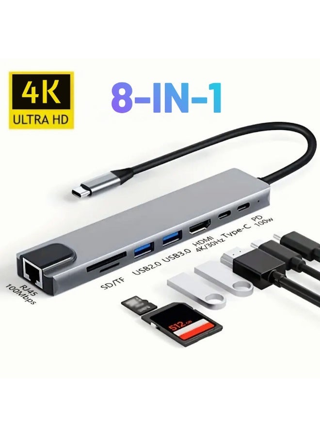 8-in-1 USB-C Hub Docking Station | 4K HDMI, 100W PD Fast Charging, RJ45 Ethernet, SD/TF Card Reader, 3×USB 3.0 Ports | Multiport Adapter for MacBook, Windows, Linux Devices - Image 2