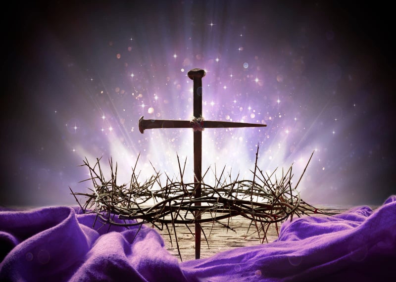 Loccor Fabric 7x5ft Crucifixion of Jesus Backdrop Crown of Thorns Cross Nail Holy Light Photography Background Purple Easter Religious Banner Christian Church Event Party Decoration Photo Booth Props - Image 1