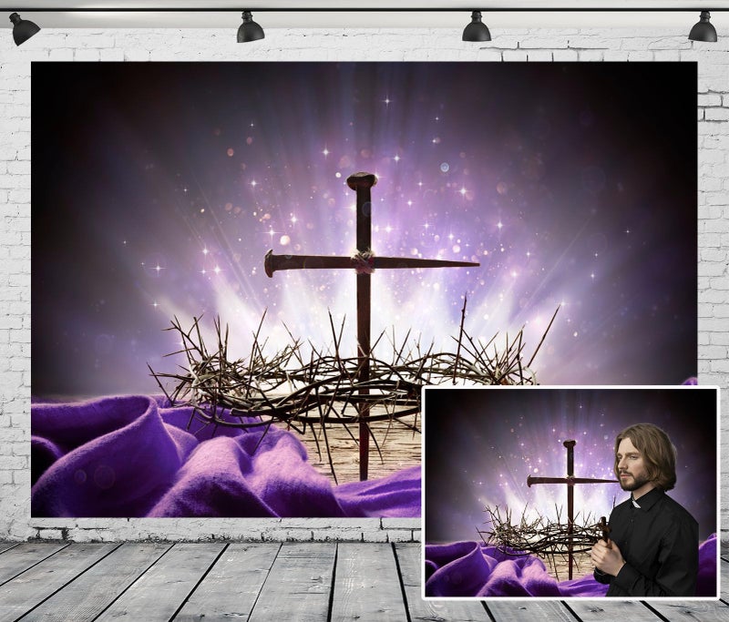 Loccor Fabric 7x5ft Crucifixion of Jesus Backdrop Crown of Thorns Cross Nail Holy Light Photography Background Purple Easter Religious Banner Christian Church Event Party Decoration Photo Booth Props - Image 2