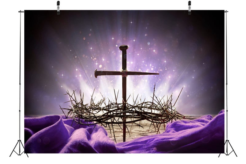Loccor Fabric 7x5ft Crucifixion of Jesus Backdrop Crown of Thorns Cross Nail Holy Light Photography Background Purple Easter Religious Banner Christian Church Event Party Decoration Photo Booth Props - Image 4