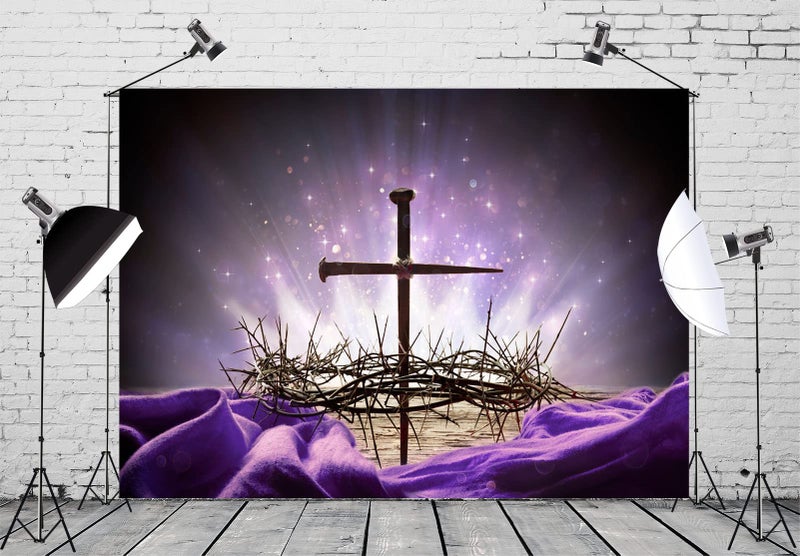 Loccor Fabric 7x5ft Crucifixion of Jesus Backdrop Crown of Thorns Cross Nail Holy Light Photography Background Purple Easter Religious Banner Christian Church Event Party Decoration Photo Booth Props - Image 3