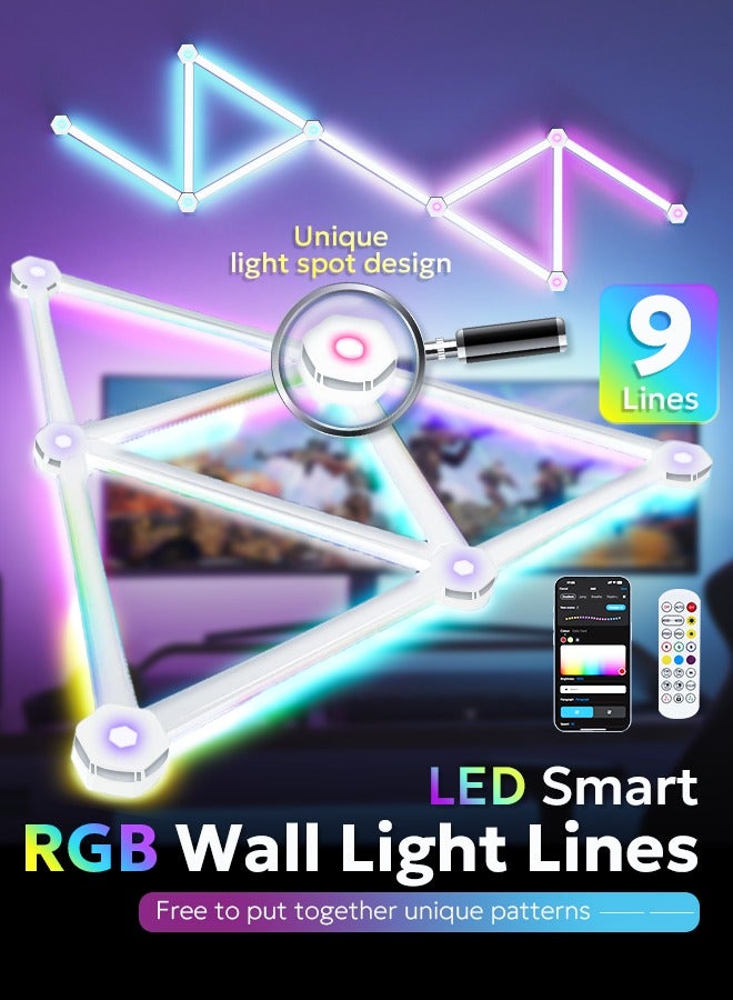 LED Wall Light lines ,RGB Smart LED 9 Light Lines ,Music Sync Home Creative Decor LED Light With 16 Million Colors LED RGB Wall Lights For Gaming Room ,Led Wall Decor Light For Bedroom and Movie Room ,RGB Smart LED Light with Remote Control and USB Powered. - Image 1