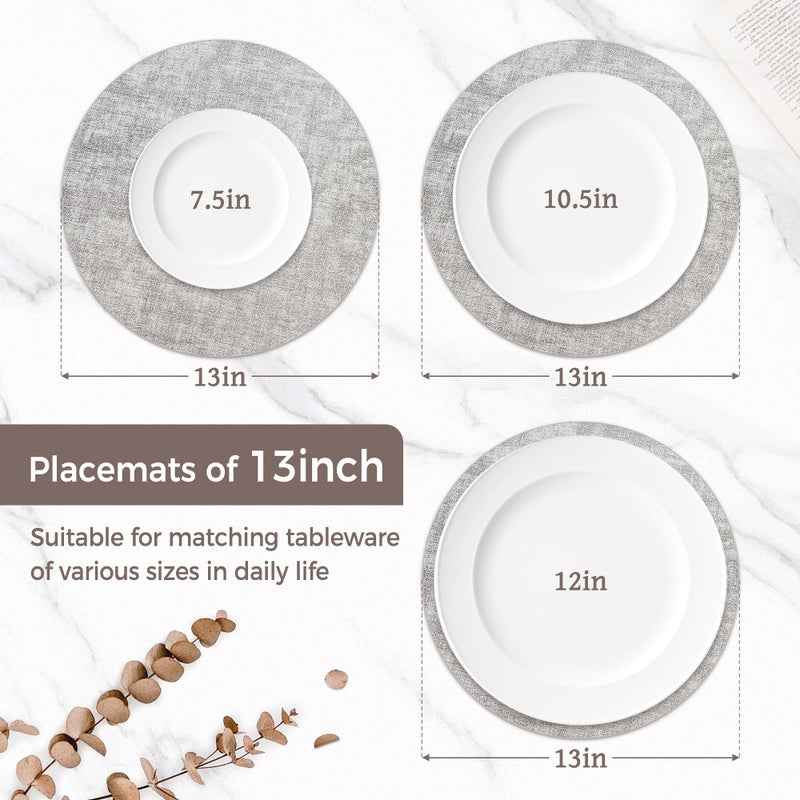 NCUE 13" Round Placemats Set of 4, Reversible Faux Leather Heat Resistant Table Mats, Waterproof Oilproof Wipeable Table Protective Placemats for Vinyl, Washable for Indoor & Outdoor Use (4, Light Grey) - Image 2