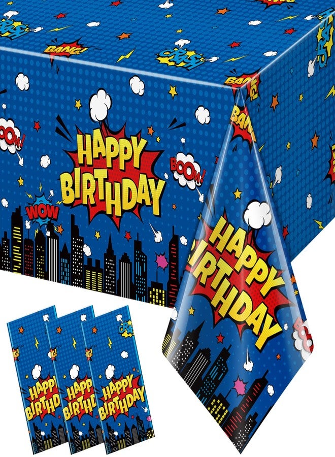 KEASKELL 3Pcs Hero Themed Birthday Party Tablecloths Decorations,Blue Cityscape Super Bang Plastic Table Cover Disposable Rectangle Table Cloth for Baby Shower Kids Boys Birthday Party Supplies,54x108 Inch - Image 1