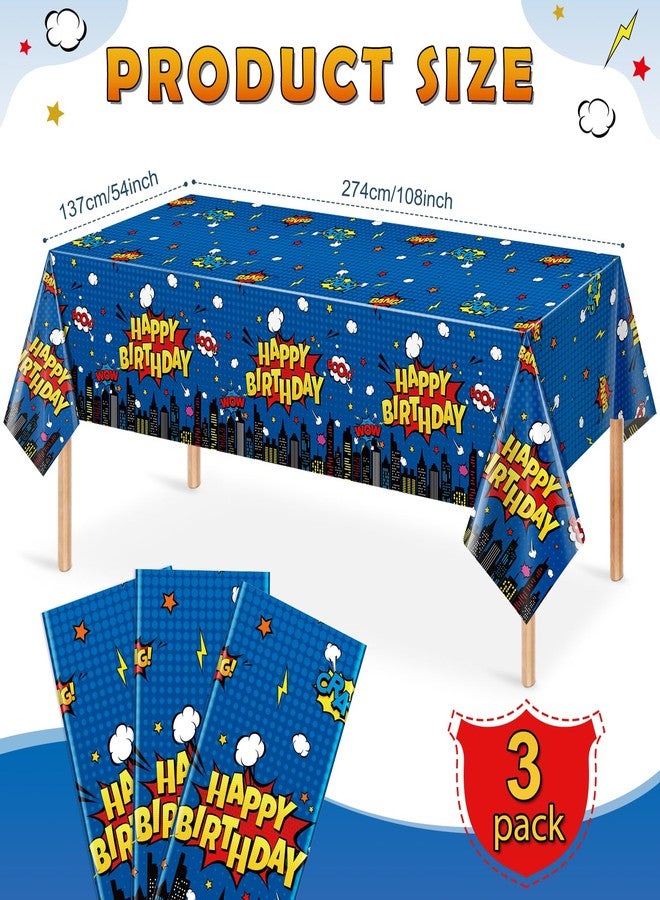 KEASKELL 3Pcs Hero Themed Birthday Party Tablecloths Decorations,Blue Cityscape Super Bang Plastic Table Cover Disposable Rectangle Table Cloth for Baby Shower Kids Boys Birthday Party Supplies,54x108 Inch - Image 2