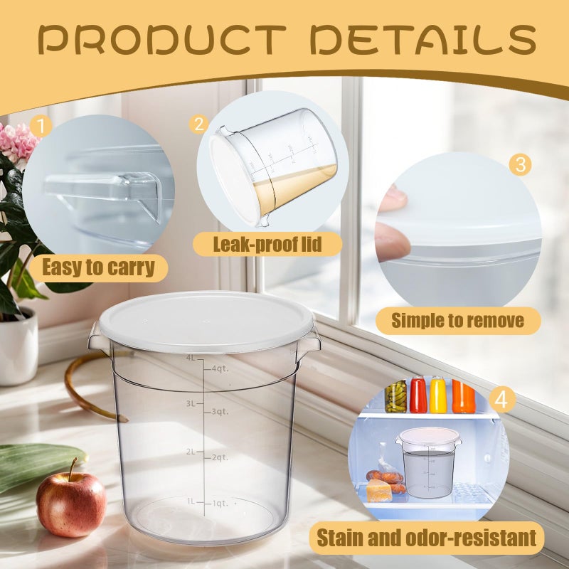 TANEMUDO 5 Pcs 4 Qt Food Storage Container Bucket with Lids for Proofing Dough Rise Bread, Clear Round Flour Container Bucket for Kitchen or Restaurant Food Storage (White) - Image 3
