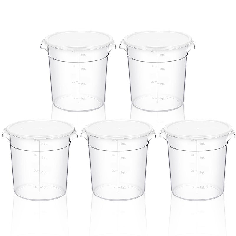 TANEMUDO 5 Pcs 4 Qt Food Storage Container Bucket with Lids for Proofing Dough Rise Bread, Clear Round Flour Container Bucket for Kitchen or Restaurant Food Storage (White) - Image 1