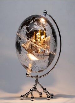 LIVVY 12" Rotating Transparent Crystal Globe with LED Light – Educational Political World Map (خريطة العالم التعليمية) with 3D Ship Design (سفينة ديكورية ثلاثية الأبعاد) – Decorative Desktop Globe (كرة أرضية ديكورية) for Kids & Adults, Home Office Learning Gift (هدية تعليمية للمكتب أو المنزل)  - Image 1