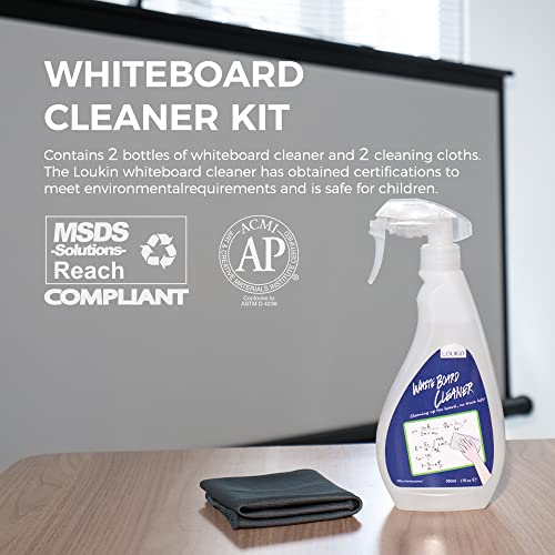 loukin Non-Toxic Whiteboard Cleaner, 17 fl oz Dry Erase Board Cleaner, Low-Odor Whiteboard Cleaning Spray with Cloths, Removes Stubborn Marks from Whiteboards, Chalkboard (2-Pack) - Image 2