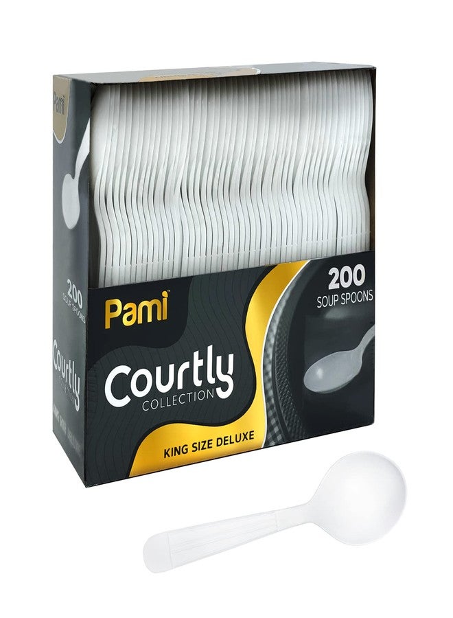 PAMI Heavy Weight Disposable Plastic Soup Spoons [200-Pack] - Bulk King Size Deluxe White Plastic Silverware For Parties, Weddings, Catering Food Stands, Takeaway- Heavy-Duty Single-Use Partyware - Image 1