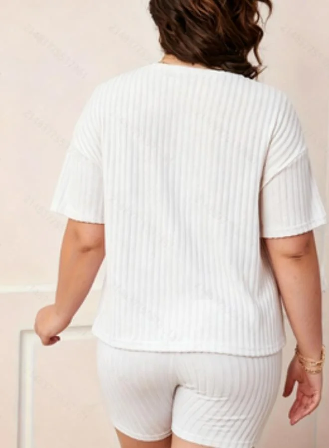 Take Two Plus Size White Ribbed Short Sleeve Top and Shorts Pyjama Set