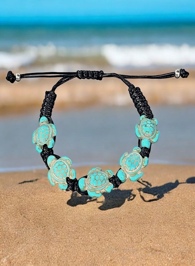 BlueRica Adjustable Black Cord Bracelet with Turquoise Turtles - Image 2