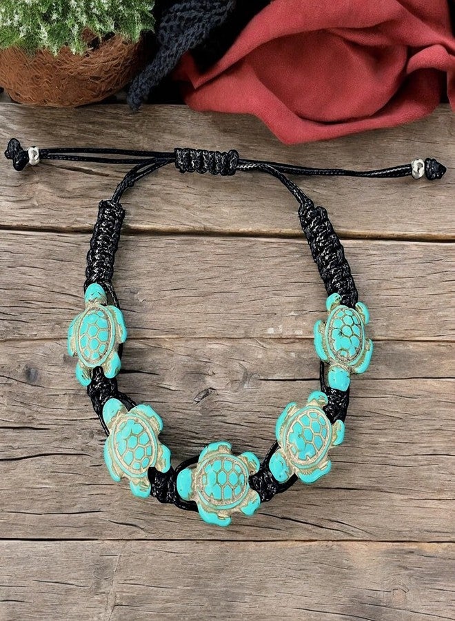 BlueRica Adjustable Black Cord Bracelet with Turquoise Turtles - Image 3