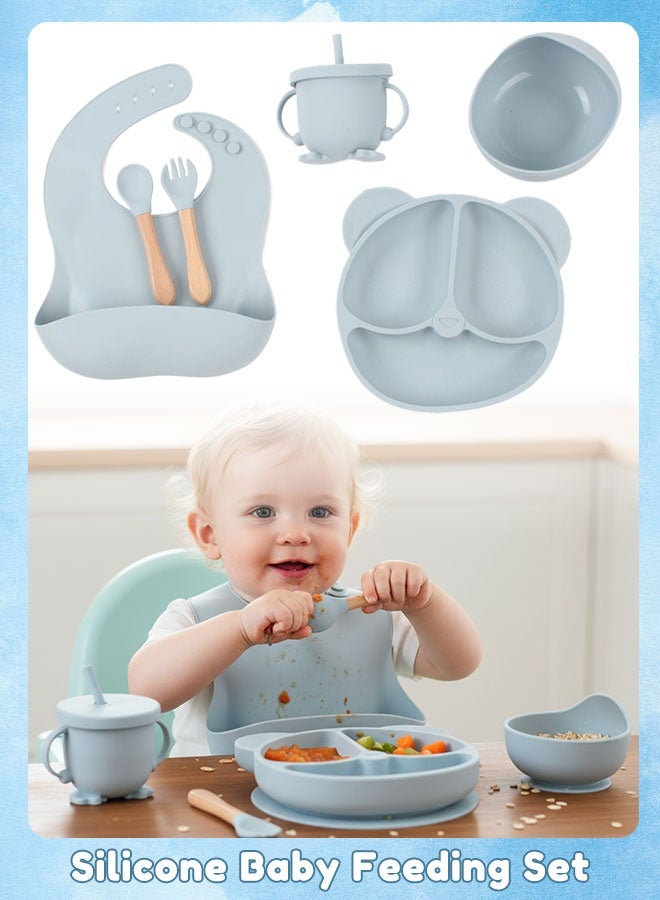 شاربدو سيليكون الطفل مجموعة أدوات المائدة ، 6 قطعة تغذية الطفل مجموعة مع شفط السلطانية و تقسيم لوحة ، سيبي كوب ، ملعقة خشبية وشوكة ، طفل ليد لوازم الفطام مع قابل للتعديل لينة سيليكون مريلة - Image 1