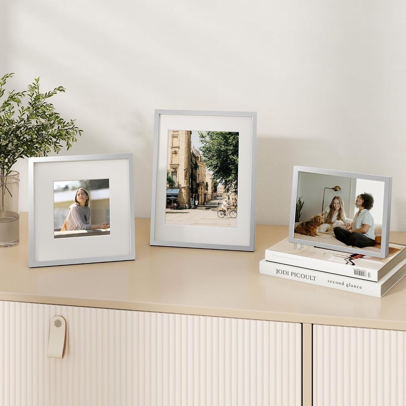 Fun Memories إطار صور ألومنيوم 8x8 من ذكريات ممتعة، إطارات صور مربعة متميزة مع حشوة لـ 4x4 أو بدون حشوة لـ 8x8، ديكور بسيط وأنيق للتعليق على الحائط، فضي، عبوة واحدة - Image 2