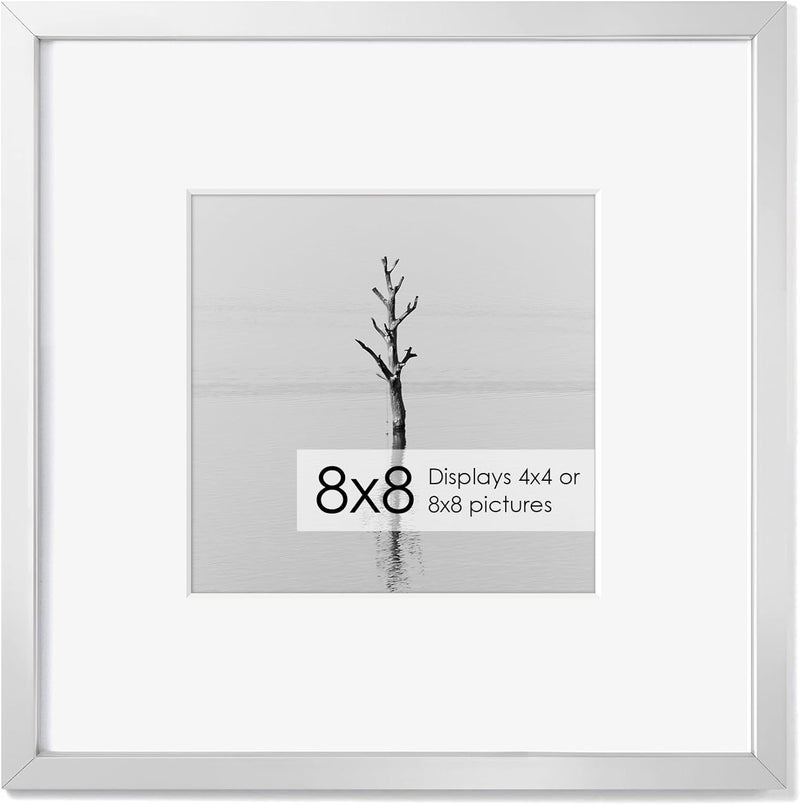 Fun Memories إطار صور ألومنيوم 8x8 من ذكريات ممتعة، إطارات صور مربعة متميزة مع حشوة لـ 4x4 أو بدون حشوة لـ 8x8، ديكور بسيط وأنيق للتعليق على الحائط، فضي، عبوة واحدة - Image 1