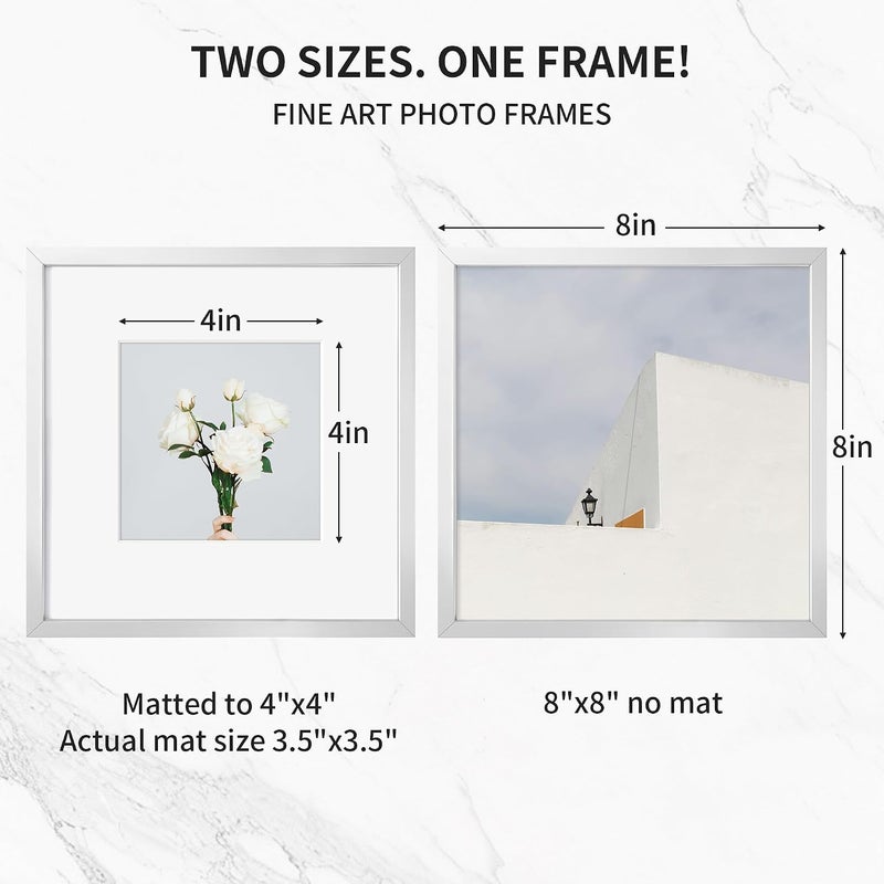 Fun Memories إطار صور ألومنيوم 8x8 من ذكريات ممتعة، إطارات صور مربعة متميزة مع حشوة لـ 4x4 أو بدون حشوة لـ 8x8، ديكور بسيط وأنيق للتعليق على الحائط، فضي، عبوة واحدة - Image 3