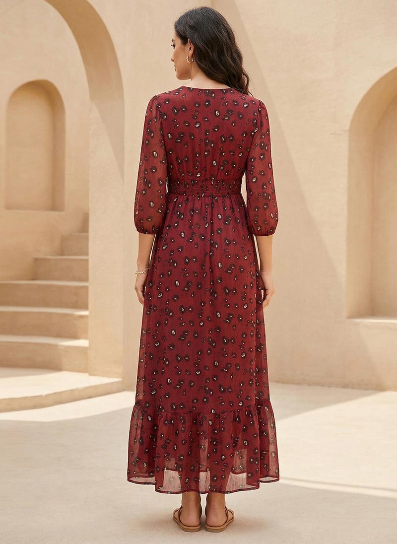 Globus Women's Burgundy Floral Print Casual A-Line Maxi Dress with V Neck and Puff Sleeves - Image 4