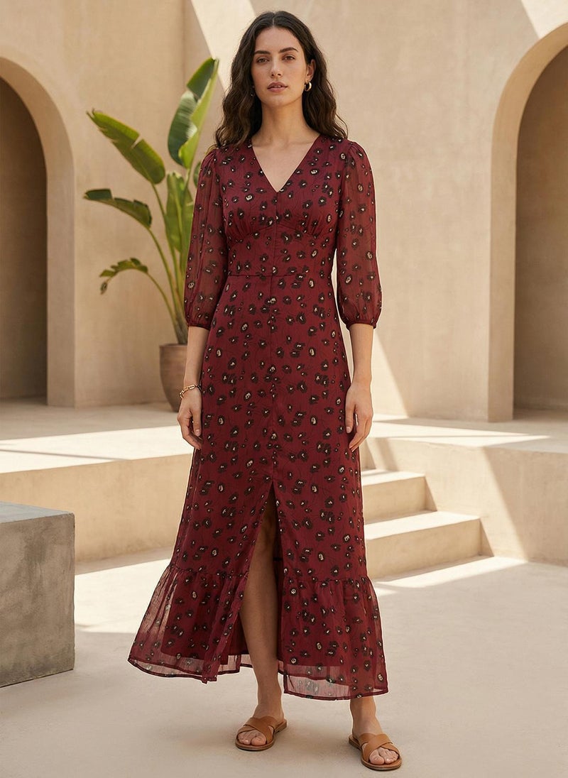 Globus Women's Burgundy Floral Print Casual A-Line Maxi Dress with V Neck and Puff Sleeves - Image 1