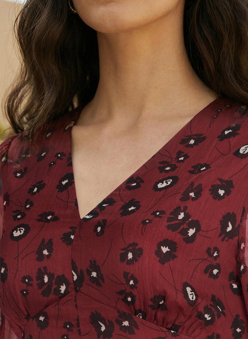 Globus Women's Burgundy Floral Print Casual A-Line Maxi Dress with V Neck and Puff Sleeves - Image 5