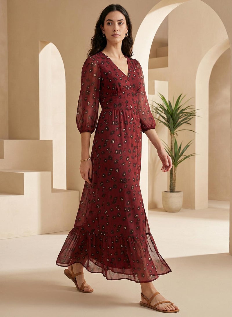 Globus Women's Burgundy Floral Print Casual A-Line Maxi Dress with V Neck and Puff Sleeves - Image 3