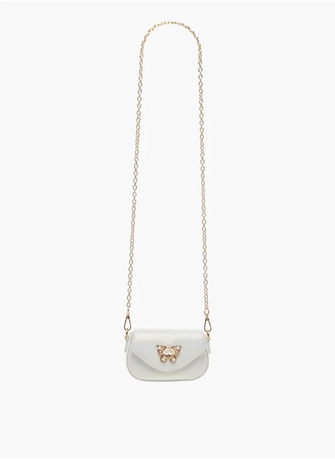 Little Missy Girls Butterfly Embellished Crossbody Bag with Detachable Chain Strap and Button Closure