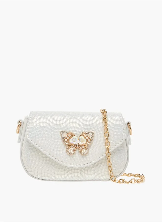 Little Missy Girls Butterfly Embellished Crossbody Bag with Detachable Chain Strap and Button Closure