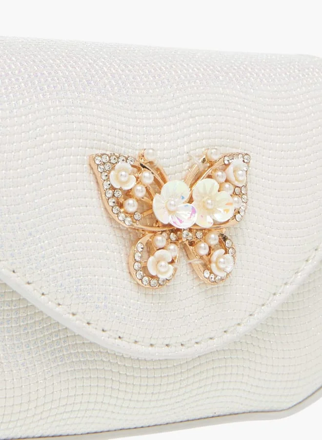 Little Missy Girls Butterfly Embellished Crossbody Bag with Detachable Chain Strap and Button Closure