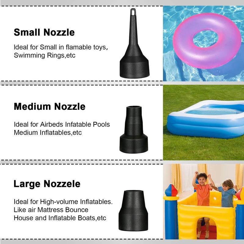 Flanney Air Pump for Inflatables, Portable Quick-Fill Electric Air Mattress Pump with 3 Nozzles, Inflator & Deflator Pumps for Outdoor Camping, Pool Floats, Inflatables Couch, Swimming Ring, 12V DC/110V AC - Image 3