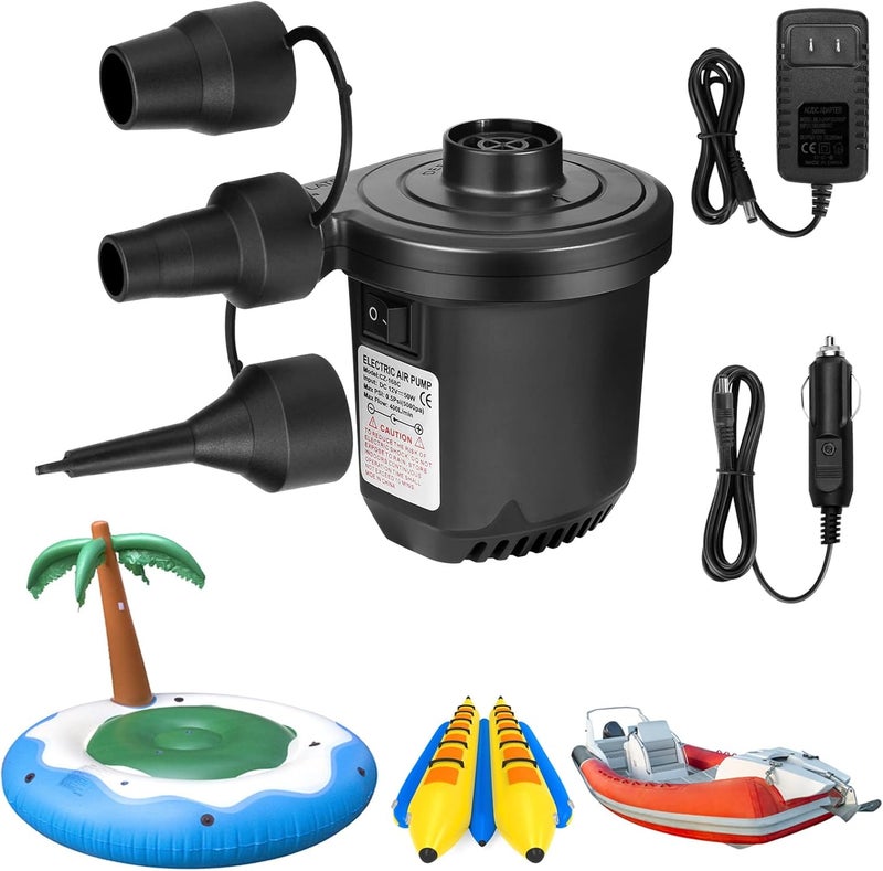 Flanney Air Pump for Inflatables, Portable Quick-Fill Electric Air Mattress Pump with 3 Nozzles, Inflator & Deflator Pumps for Outdoor Camping, Pool Floats, Inflatables Couch, Swimming Ring, 12V DC/110V AC - Image 1