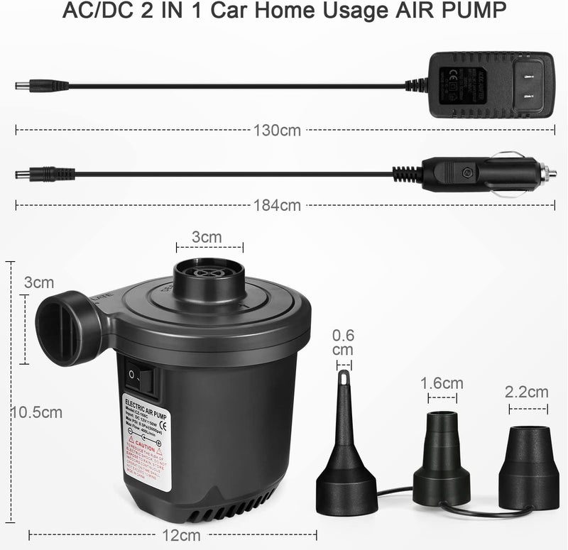 Flanney Air Pump for Inflatables, Portable Quick-Fill Electric Air Mattress Pump with 3 Nozzles, Inflator & Deflator Pumps for Outdoor Camping, Pool Floats, Inflatables Couch, Swimming Ring, 12V DC/110V AC - Image 2