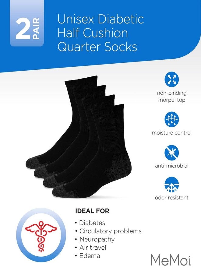 MeMoi Wellfit 2 Pair Pack Unisex Diabetic Half Cushion Quarter Socks Black-Black 9-11 - Image 5