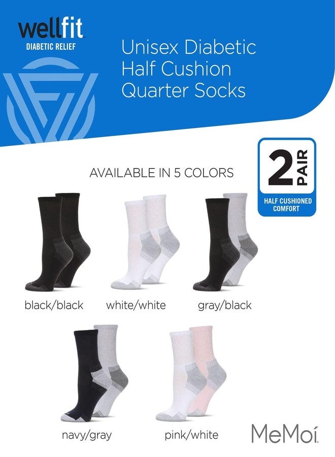 MeMoi Wellfit 2 Pair Pack Unisex Diabetic Half Cushion Quarter Socks Black-Black 9-11 - Image 2