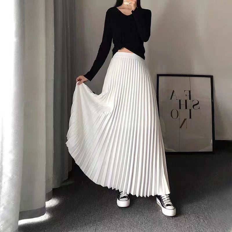 New 2024 Simple Long Dress High-Waisted Slimming Pleated Skirt Toe-Length Foldable Casual Attire For Women White 