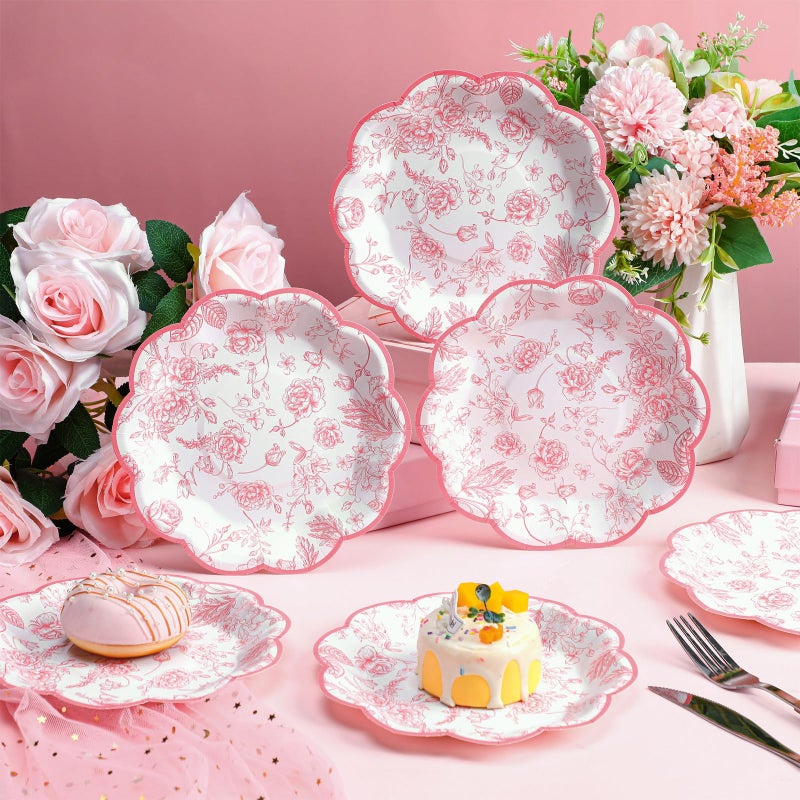 Suttmin 100 Pcs Pink Floral Paper Plates Disposable Dessert Baby bridal Shower Party Supplies Floral Dessert Plates Bulk Birthday Tea Party Serving Tray for Wedding Birthday - Image 4