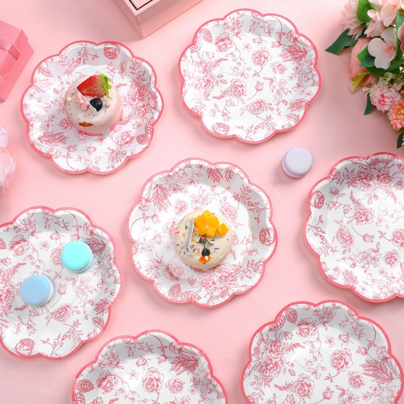 Suttmin 100 Pcs Pink Floral Paper Plates Disposable Dessert Baby bridal Shower Party Supplies Floral Dessert Plates Bulk Birthday Tea Party Serving Tray for Wedding Birthday - Image 3