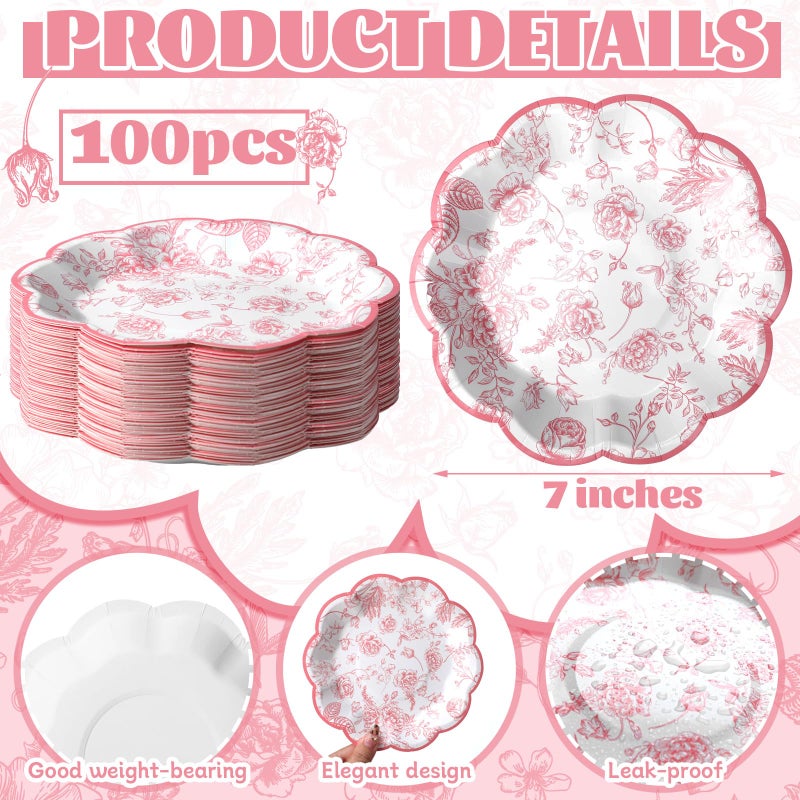Suttmin 100 Pcs Pink Floral Paper Plates Disposable Dessert Baby bridal Shower Party Supplies Floral Dessert Plates Bulk Birthday Tea Party Serving Tray for Wedding Birthday - Image 2