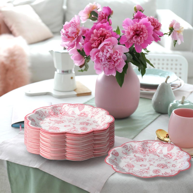 Suttmin 100 Pcs Pink Floral Paper Plates Disposable Dessert Baby bridal Shower Party Supplies Floral Dessert Plates Bulk Birthday Tea Party Serving Tray for Wedding Birthday - Image 5