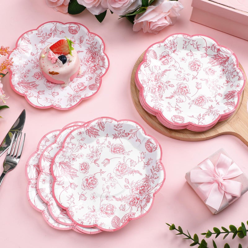 Suttmin 100 Pcs Pink Floral Paper Plates Disposable Dessert Baby bridal Shower Party Supplies Floral Dessert Plates Bulk Birthday Tea Party Serving Tray for Wedding Birthday - Image 1