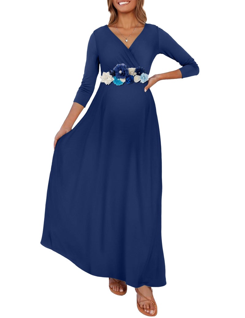 KIM S Maternity Dress Photoshoot Winter Plus Size Long Sleeve Maxi Baby Shower Christmas Wedding Guest Formal Cotton 2025 Navy Blue XL