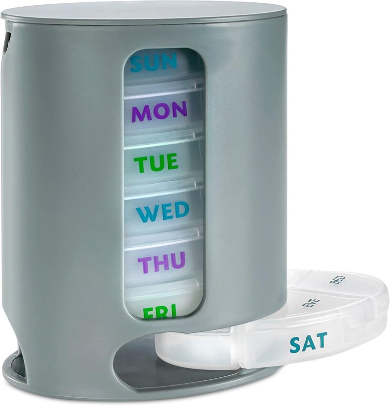 MEDca Weekly Pill Organizer, 1 Dispenser, 7 Stackable Compartments Four Times-a-Day - Morning, Noon, Evening, and Bedtime, Grey - Image 1