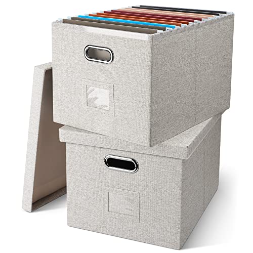 Graciadeco File Organizer Box, Collapsible Storage Filling Collectior with Lid for Letter Legal Size Hanging Folders Decorative Linen File Folder Box Document Storage Filing Bin, Beige 2 Pack - Image 1