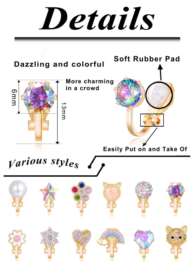 Tornito 15 Pairs Clip on Earrings Butterfly Heart Flower Star Rainbow Cat Opal CZ Clip on Earrings Multicolored Non-Pierced Earrings Set for Women Gold Plated - Image 2