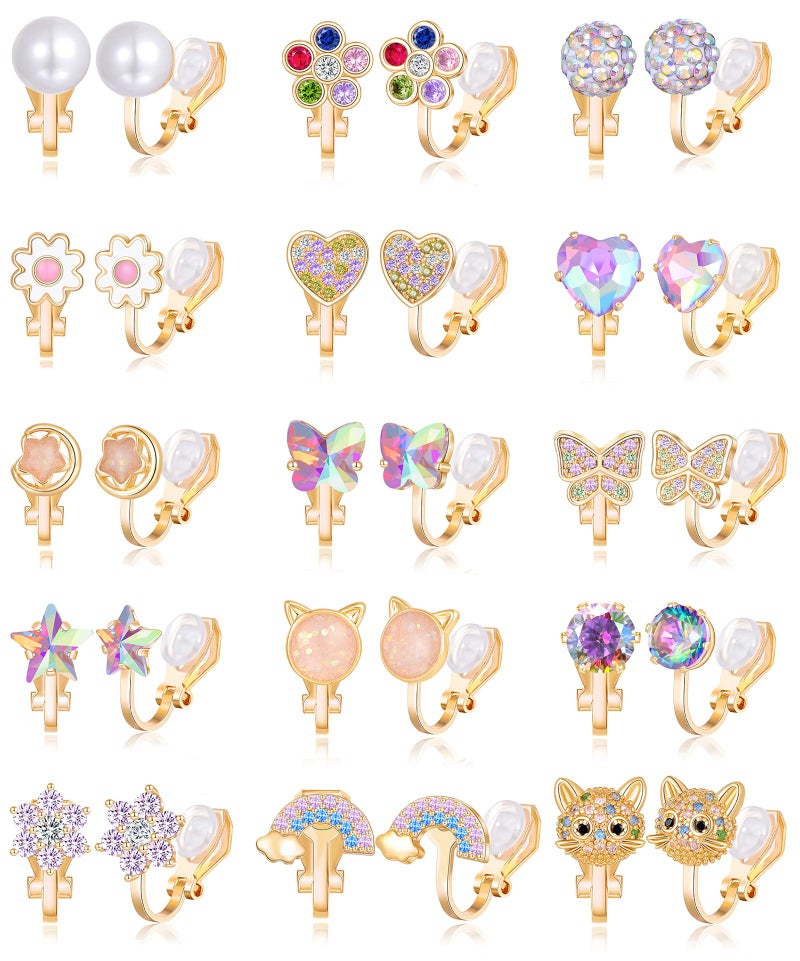 Tornito 15 Pairs Clip on Earrings Butterfly Heart Flower Star Rainbow Cat Opal CZ Clip on Earrings Multicolored Non-Pierced Earrings Set for Women Gold Plated - Image 1