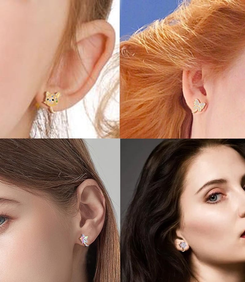 Tornito 15 Pairs Clip on Earrings Butterfly Heart Flower Star Rainbow Cat Opal CZ Clip on Earrings Multicolored Non-Pierced Earrings Set for Women Gold Plated - Image 5