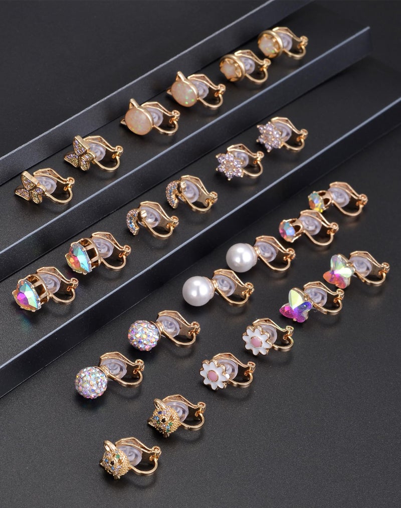 Tornito 15 Pairs Clip on Earrings Butterfly Heart Flower Star Rainbow Cat Opal CZ Clip on Earrings Multicolored Non-Pierced Earrings Set for Women Gold Plated - Image 4