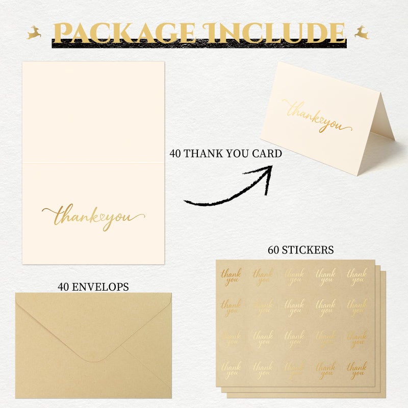 JIXZEN 40 Pack Gilding Thank You Cards with Envelopes & Matching Stickers, Thank You Notes for Wedding, Business, Baby Shower, Small Business, Graduation - Image 3