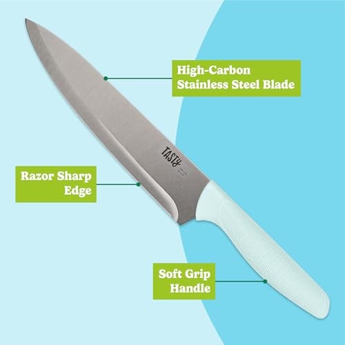 Tasty 5-Piece Cutlery & Cutting Board Set, High-Carbon Stainless Steel Knives with Soft Grip Handles, Reversible Cutting Board for Chopping & Serving, Aqua - Image 3