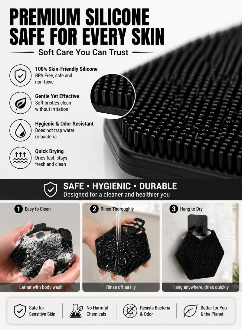 fdsport Silicone Body Scrubber & Storage Hook, Handheld Shower Cleansing Brush Silicone Body Scrubber Shower Gentle Exfoliating and Massage for All Kinds of Skin (Bath Brush - Black) (Black) - Image 5
